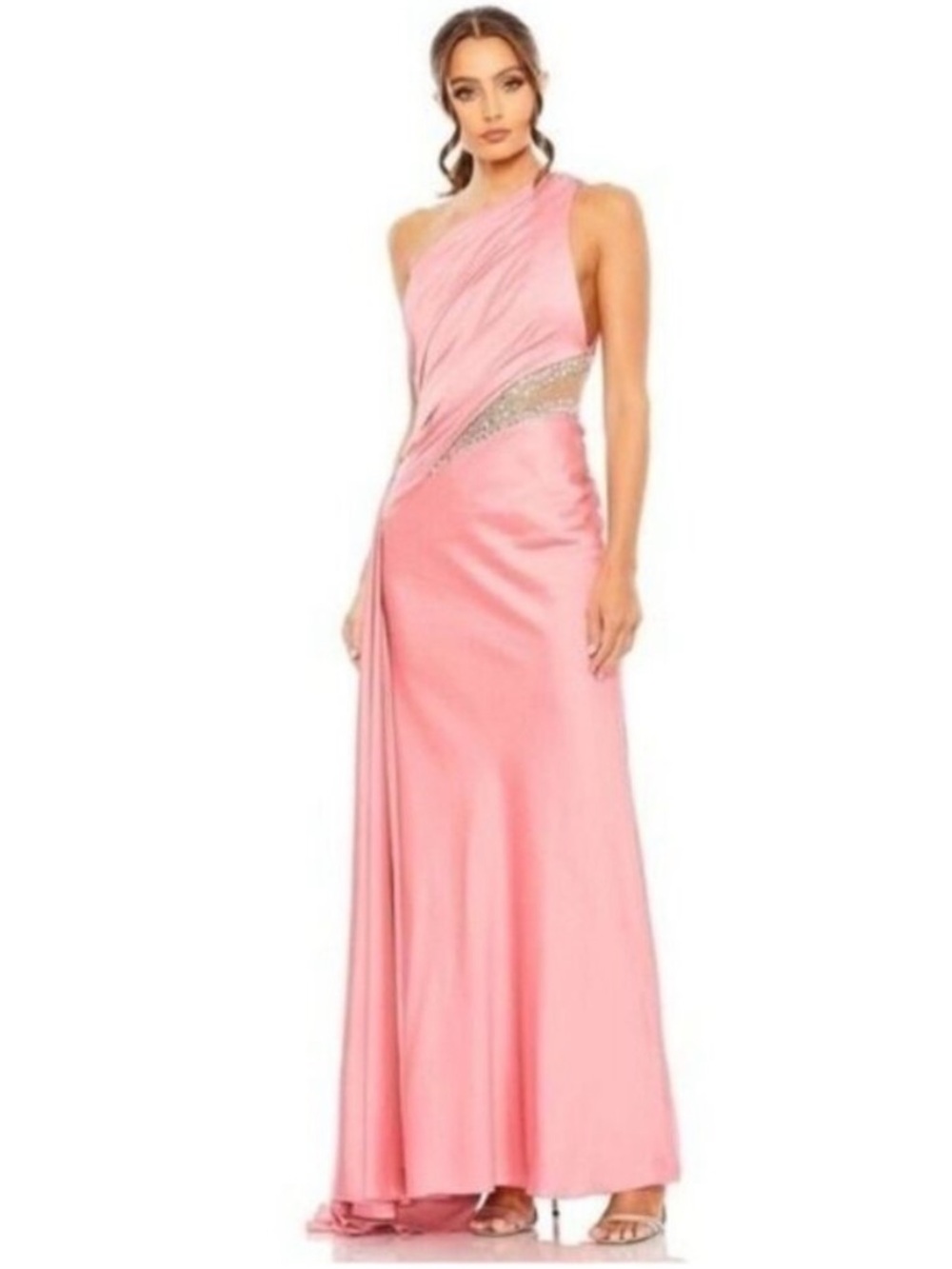 Mac Duggal Coral Pink One Shoulder Embellished Satin Gown Dress 2210 Size 6 NEW